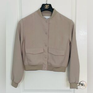Haver & Blair Taupe Cropped Bomber Jacket Utility Pockets Snap Front XS